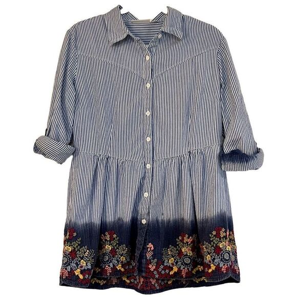 A Personal Touch Stripped Button Down Floral Embroidery Blouse Medium - Picture 1 of 14